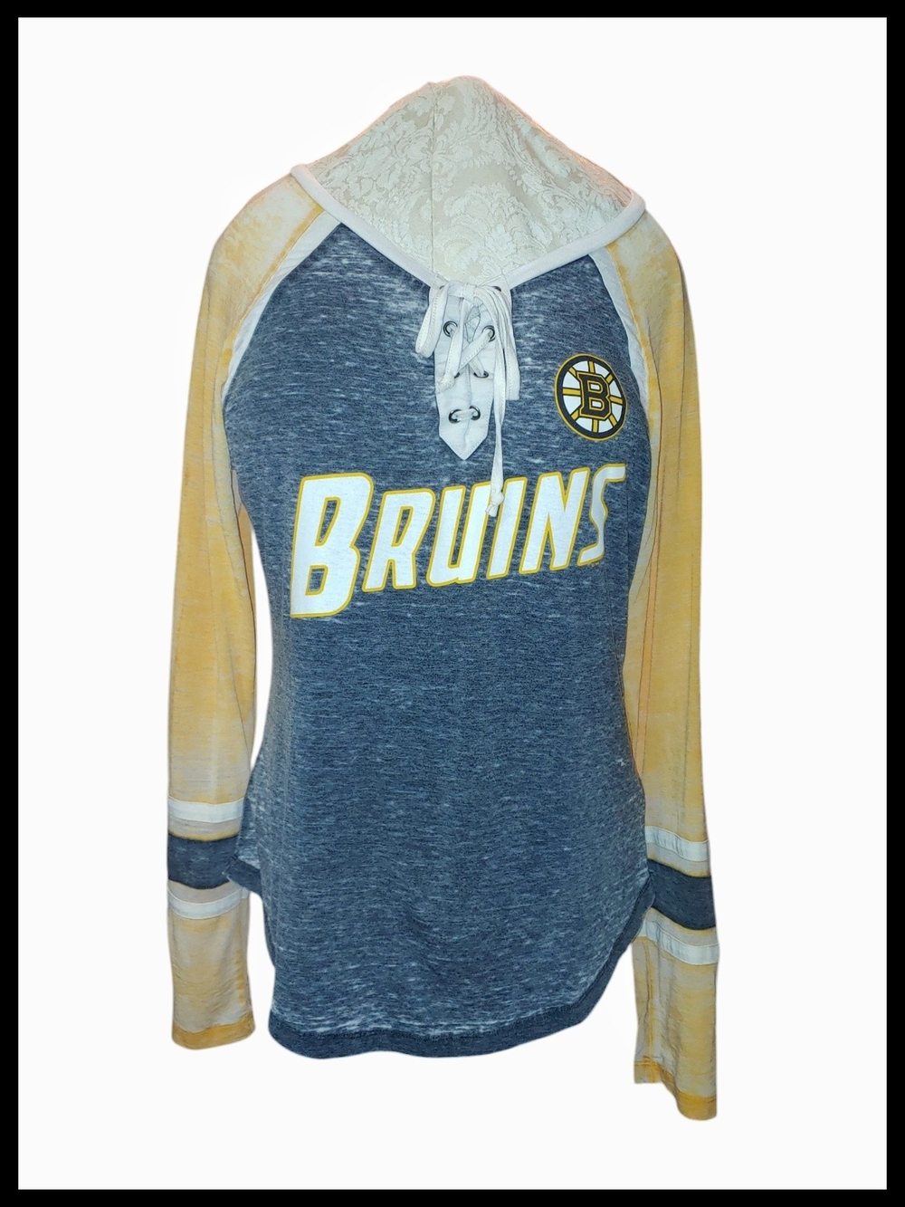Sheer Distressed Look Bruins Lace Up Top